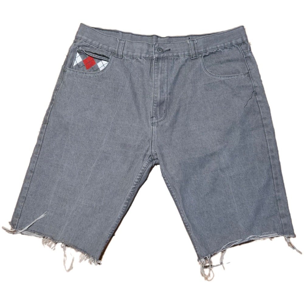Red Ape Mens Gray Argyle Denim Shorts Raw Hem Streetwear Size 40 4182 V1027